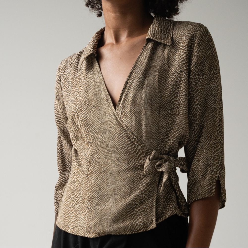 100% Silk Wrap Animal Print Blouse